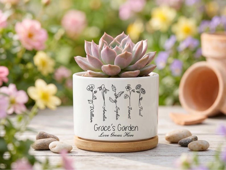 Personalized Birth Flower Mom’s Garden Plant Pot, Mother's Day Gift