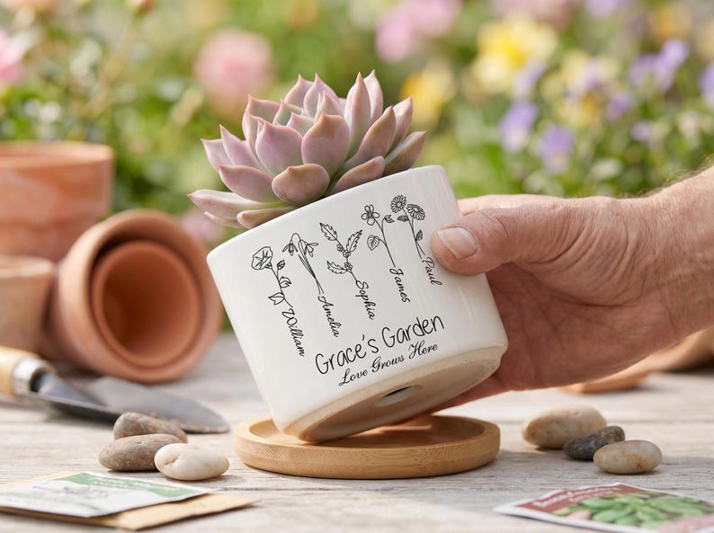 Personalized Birth Flower Mom’s Garden Plant Pot, Mother's Day Gift