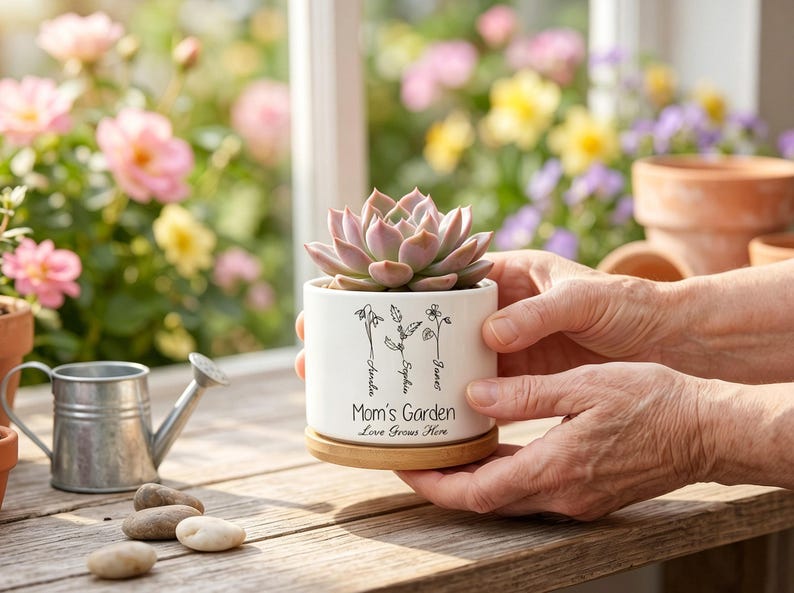 Personalized Birth Flower Mom’s Garden Plant Pot, Mother's Day Gift