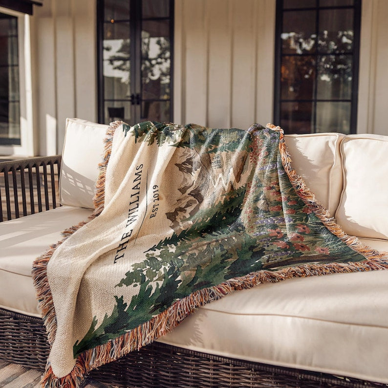 Personalized National Park Woven Blanket Outdoorsy Couple Wedding Gift Forest Scene Adventurous Hiking