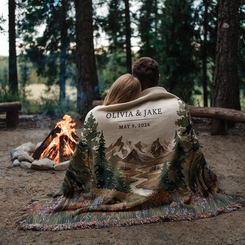 Personalized National Park Woven Blanket Outdoorsy Couple Wedding Gift Forest Scene Adventurous Hiking