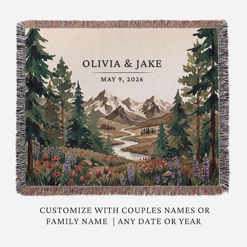 Personalized National Park Woven Blanket Outdoorsy Couple Wedding Gift Forest Scene Adventurous Hiking