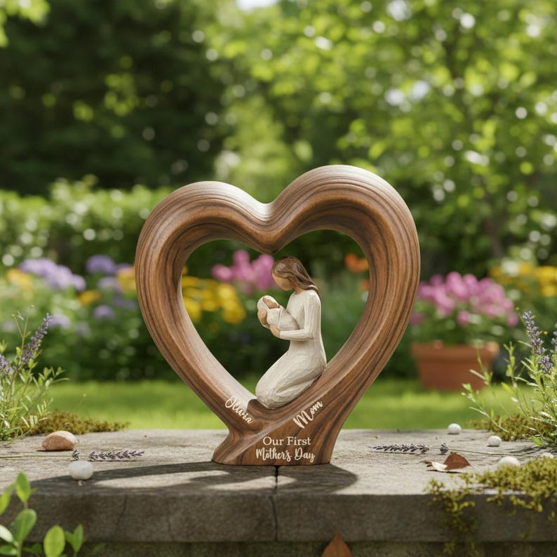 Personalized First Mother's Day Wooden Heart Block, New Mom Gift