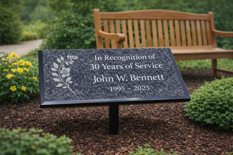 Black Granite Engraved Plaque, Custom Memorial, Recognition & Property Marker with Stand