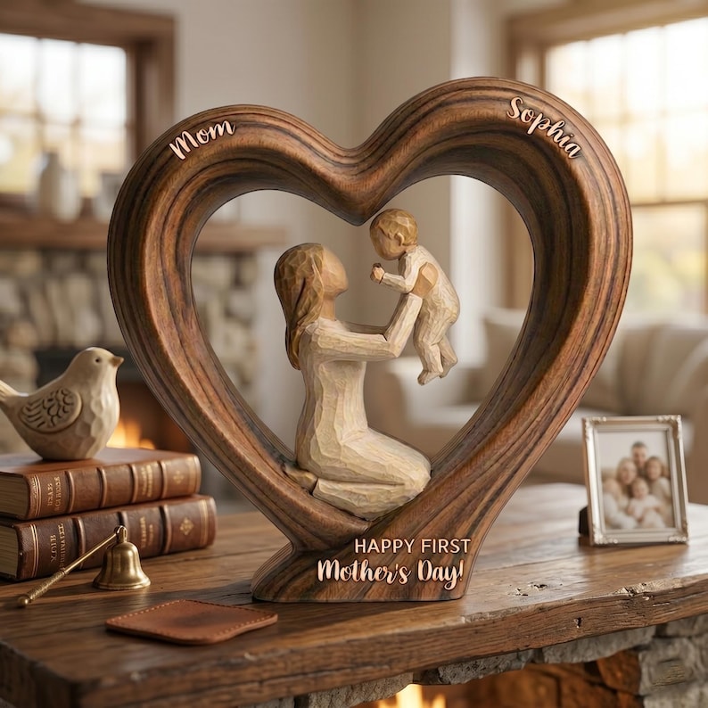 Personalized First Mother's Day Wooden Heart Block 2D flat, New Mom Gift