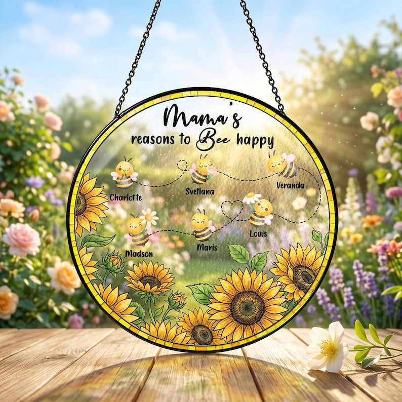 Personalized Grandma Bee Happy Stained Glass Suncatcher, Mother's Day Gift