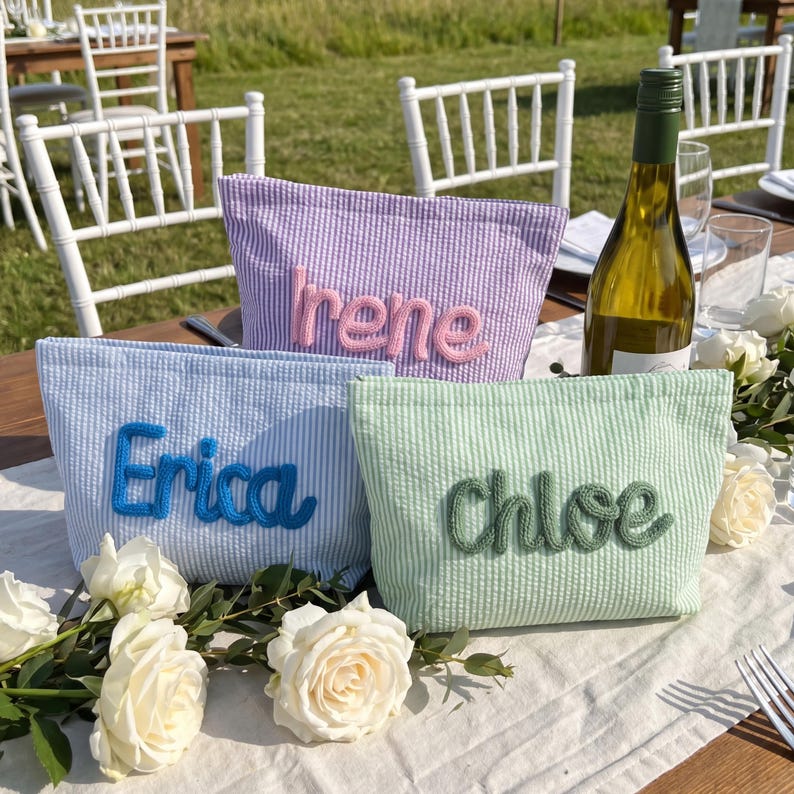Custom Seersucker Makeup Bag Vacation Travel Pouch Personalized Chenille Name Toiletry Bag Summer Beach Bag