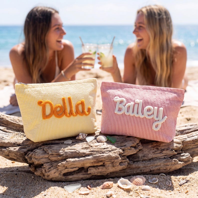 Custom Seersucker Makeup Bag Vacation Travel Pouch Personalized Chenille Name Toiletry Bag Summer Beach Bag