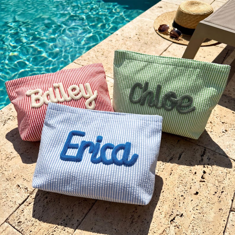 Custom Seersucker Makeup Bag Vacation Travel Pouch Personalized Chenille Name Toiletry Bag Summer Beach Bag