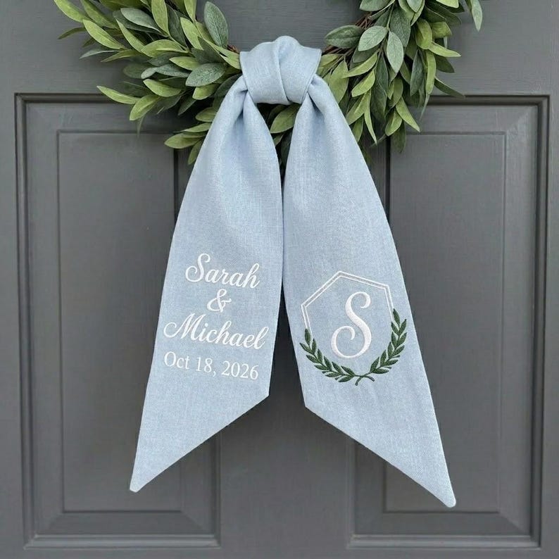 Personalized Embroidered Monogram Wreath Sash for Wedding Decor, Custom Name and Date Aisle Marker Ribbon