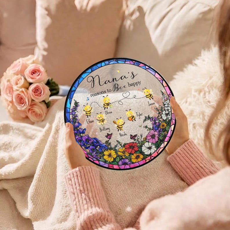 Personalized Grandma's Reason To Bee Happy Stained Glass Suncatcher, Mother's Day Gift