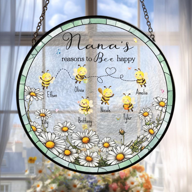 Personalized Grandma's Reason To Bee Happy Stained Glass Suncatcher, Mother's Day Gift