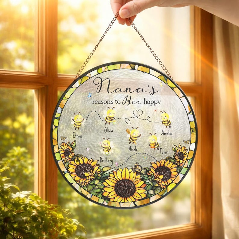 Personalized Grandma's Reason To Bee Happy Stained Glass Suncatcher, Mother's Day Gift