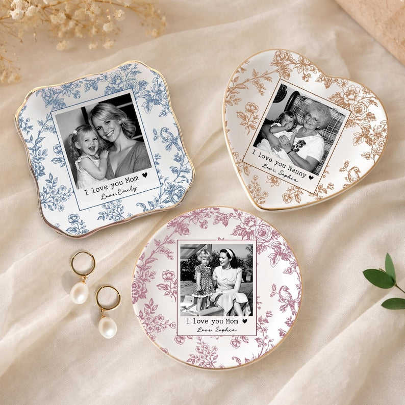 Personalized Mom Photo Jewelry Tray, Custom Toile De Jouy Mom Photo Ring Dish