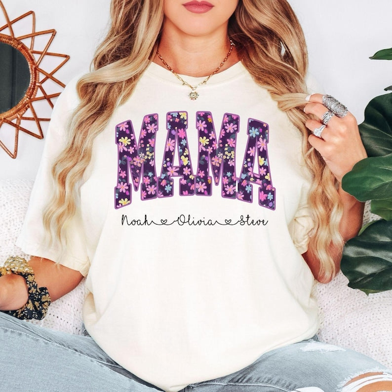 Floral Mama Shirt, Personalized Mama T-Shirt, Custom Mom Shirt With Kids Names, Mothers Day Gift
