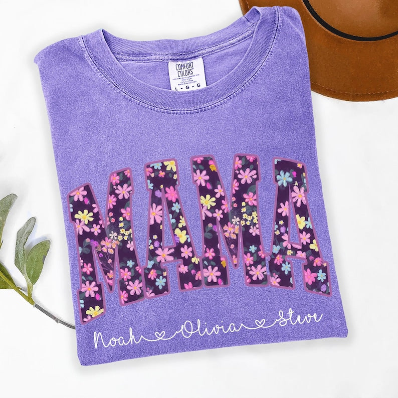 Floral Mama Shirt, Personalized Mama T-Shirt, Custom Mom Shirt With Kids Names, Mothers Day Gift