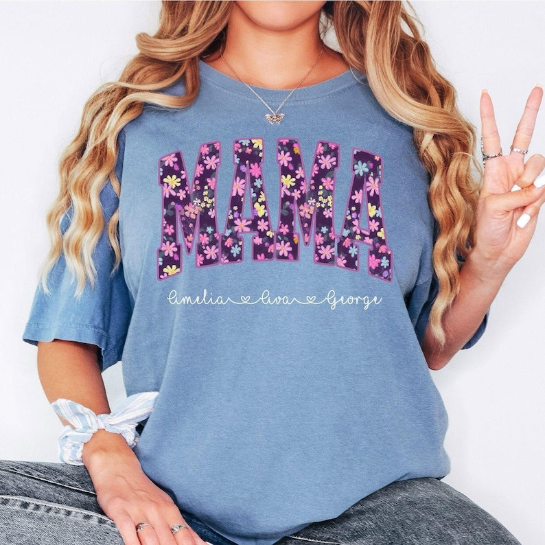 Floral Mama Shirt, Personalized Mama T-Shirt, Custom Mom Shirt With Kids Names, Mothers Day Gift