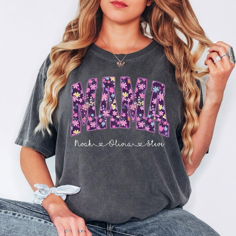 Floral Mama Shirt, Personalized Mama T-Shirt, Custom Mom Shirt With Kids Names, Mothers Day Gift