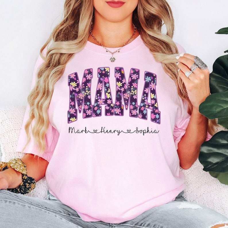 Floral Mama Shirt, Personalized Mama T-Shirt, Custom Mom Shirt With Kids Names, Mothers Day Gift