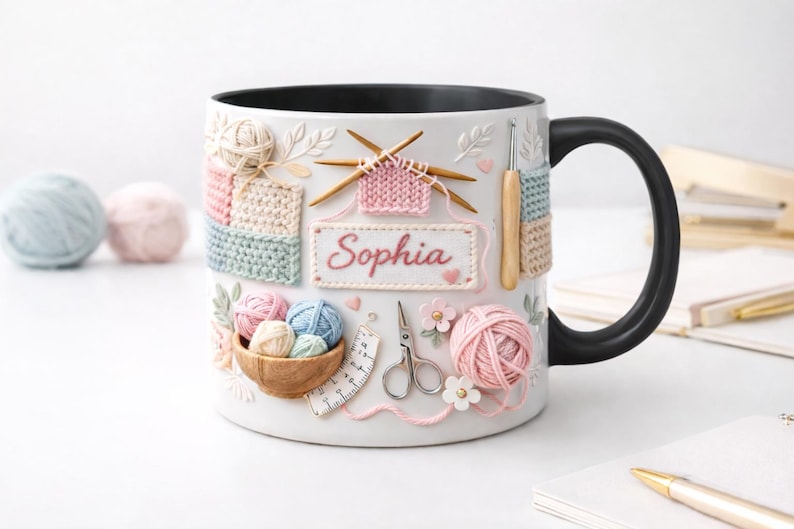 Personalized Ceramic Knitting Mug, Yarn Lover Craft Coffee Cup