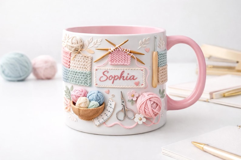 Personalized Ceramic Knitting Mug, Yarn Lover Craft Coffee Cup