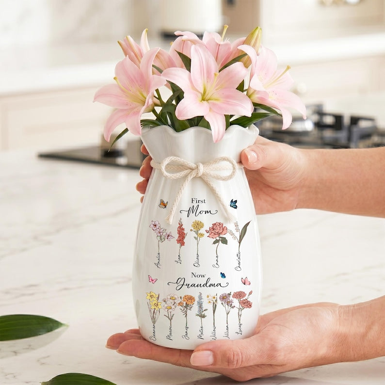 Custom First Mom Now Grandma Ribbon Tie Ceramic Flower Vase, Birth Month Flower Vase