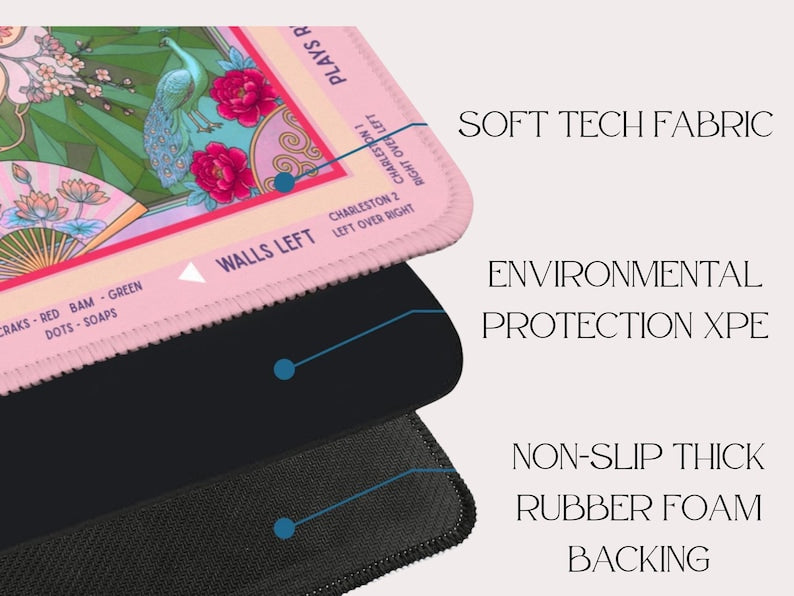 The Lucy Pink Peacock Mahjong Mat, Chinoiserie Instructional and Non Instructional Table Play Mat