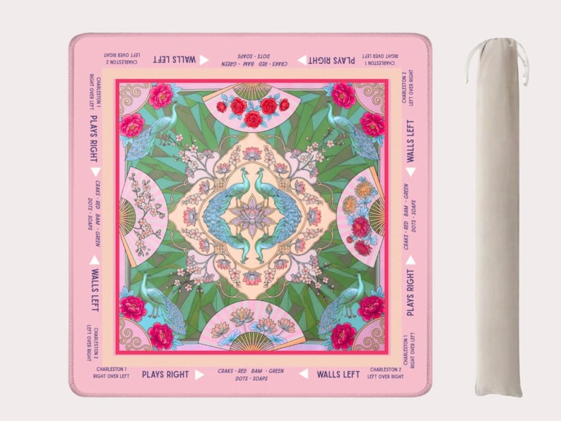 The Lucy Pink Peacock Mahjong Mat, Chinoiserie Instructional and Non Instructional Table Play Mat