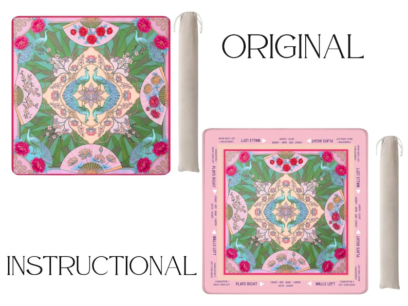 The Lucy Pink Peacock Mahjong Mat, Chinoiserie Instructional and Non Instructional Table Play Mat