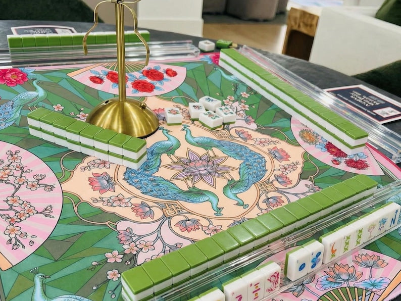 The Lucy Pink Peacock Mahjong Mat, Chinoiserie Instructional and Non Instructional Table Play Mat