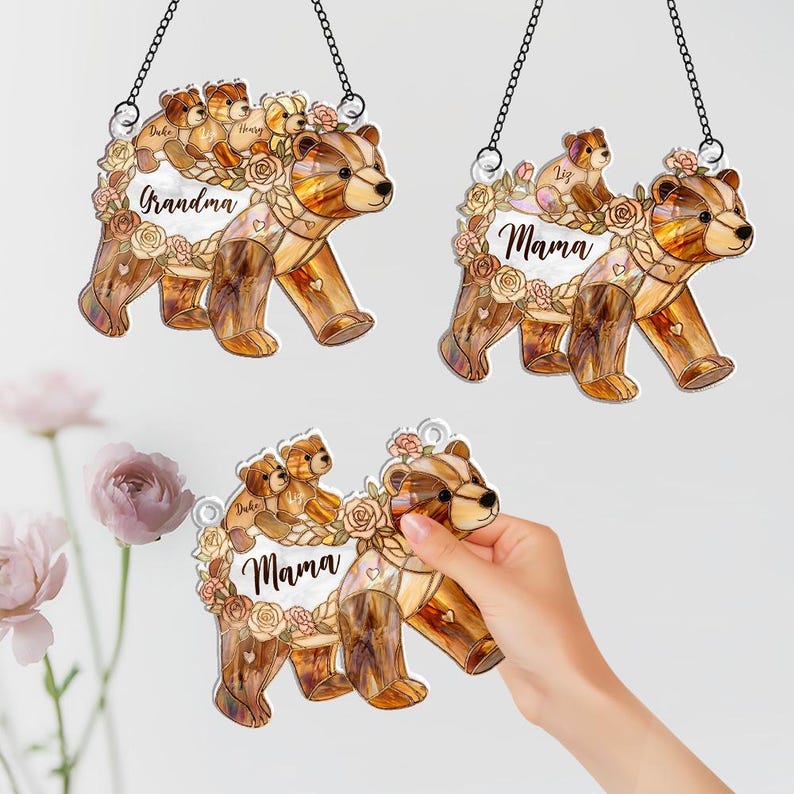 Personalized Grandma Bear Suncatcher, Custom Grandkids Names Gift for Nana