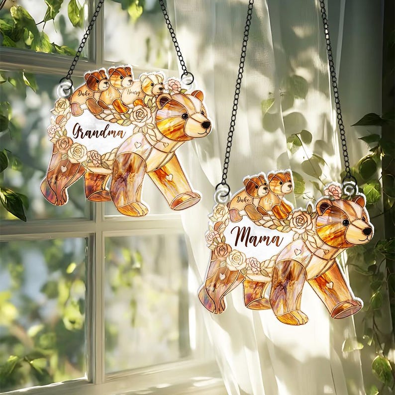 Personalized Grandma Bear Suncatcher, Custom Grandkids Names Gift for Nana