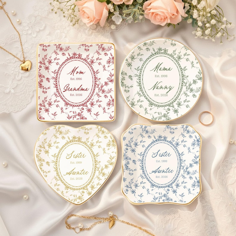 Personalized Toile de Jouy Grandma Est Ring Dish, Custom New Grandma Ceramic Jewelry Tray