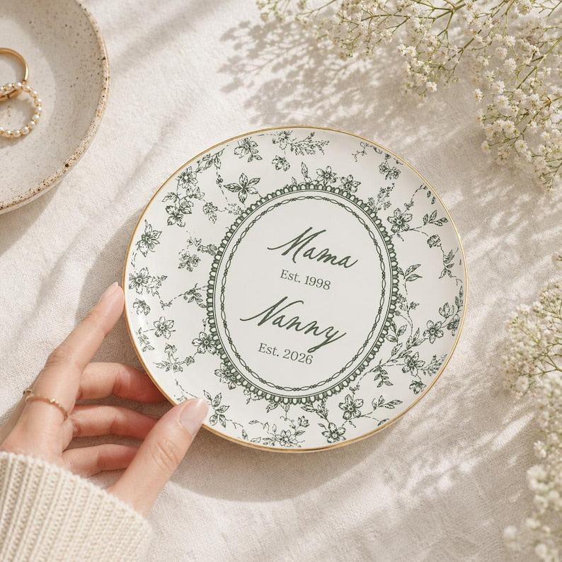 Personalized Toile de Jouy Grandma Est Ring Dish, Custom New Grandma Ceramic Jewelry Tray