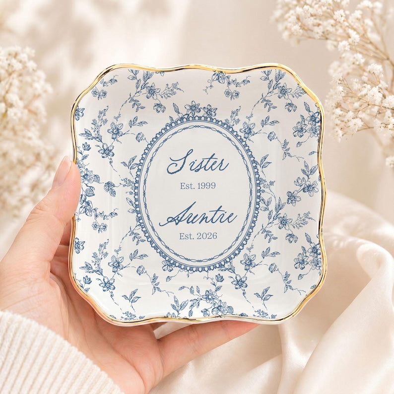 Personalized Toile de Jouy Grandma Est Ring Dish, Custom New Grandma Ceramic Jewelry Tray