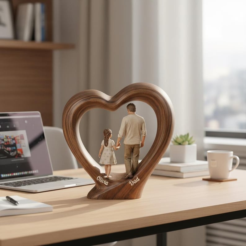 Personalized Dad And Child 2D Flat Wooden Heart Block, Fathers Day Gift