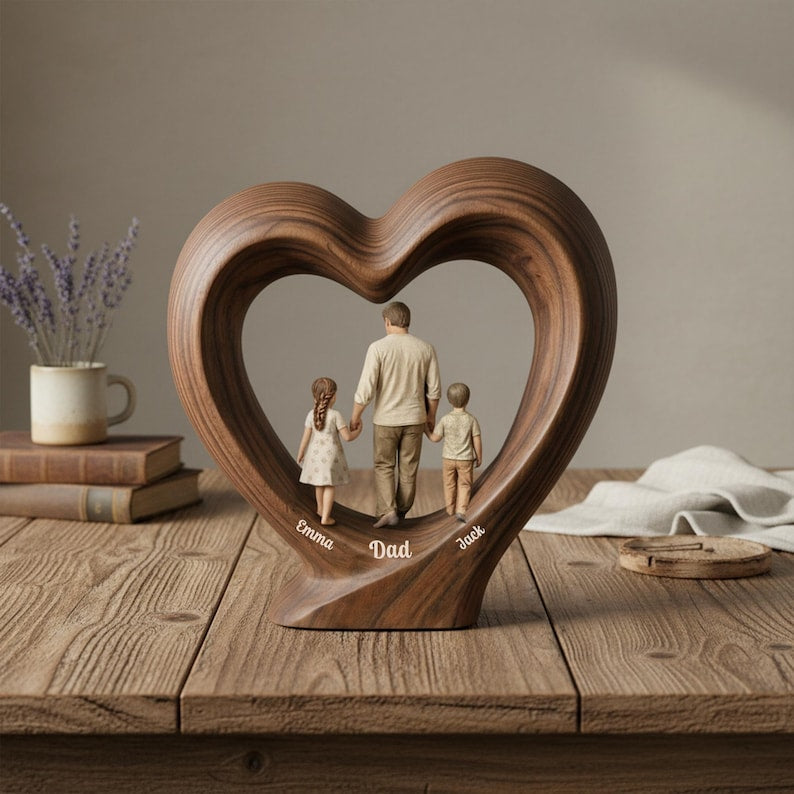 Personalized Dad And Child 2D Flat Wooden Heart Block, Fathers Day Gift