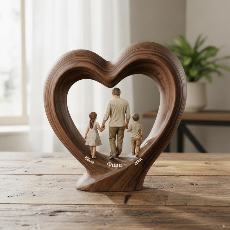 Personalized Dad And Child 2D Flat Wooden Heart Block, Fathers Day Gift