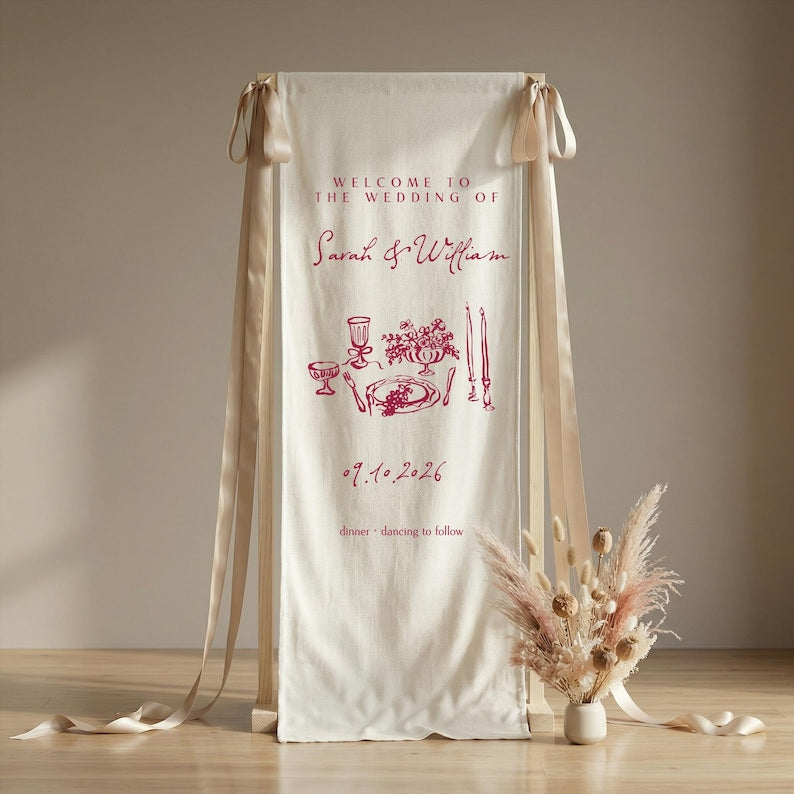 Custom Botanical Wedding Welcome Sign, Fabric Banner