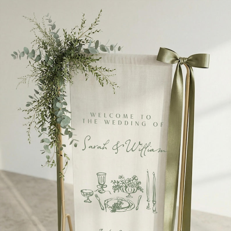 Custom Botanical Wedding Welcome Sign, Fabric Banner