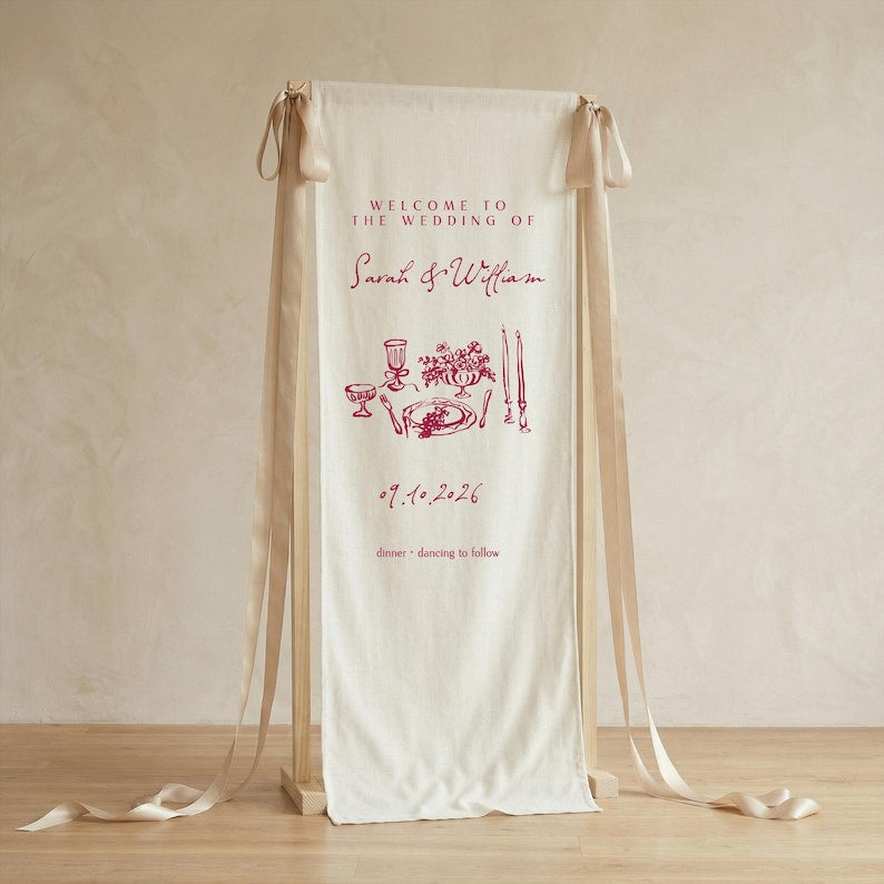 Custom Botanical Wedding Welcome Sign, Fabric Banner