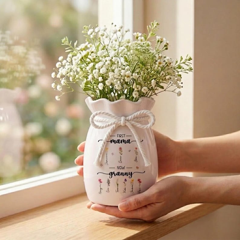 Personalized First Mom Now Grandma Birth Flower Vase, Custom Family Name Vase