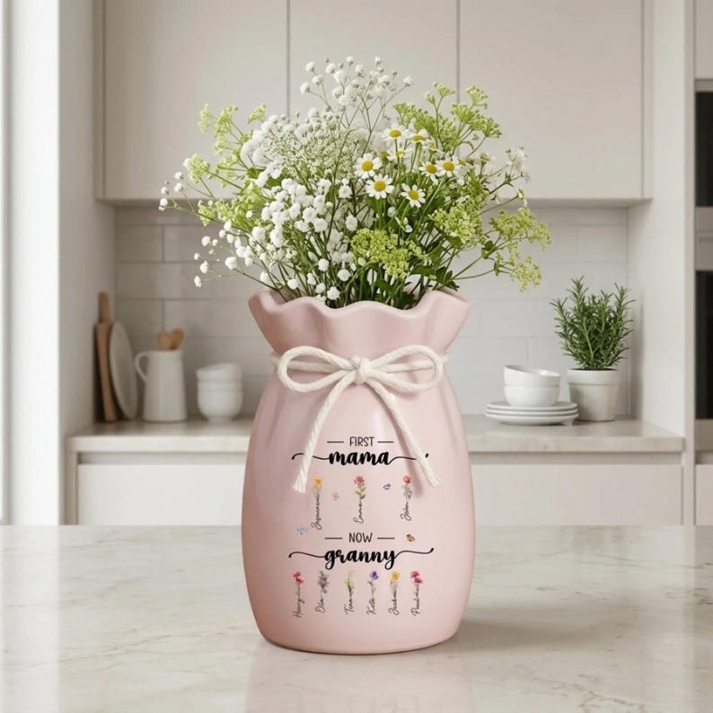 Personalized First Mom Now Grandma Birth Flower Vase, Custom Family Name Vase