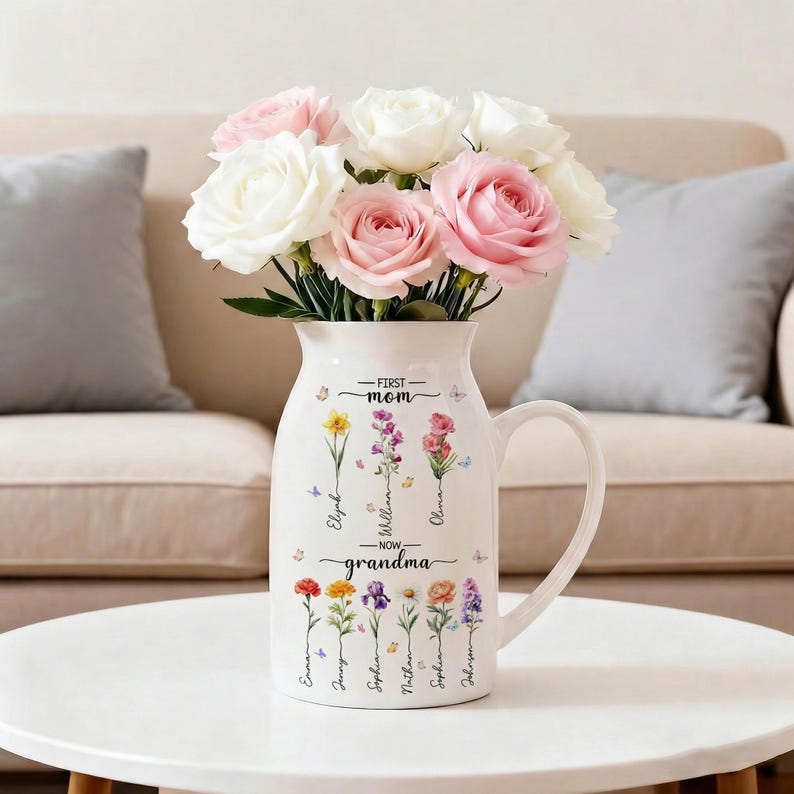 Personalized First Mom Now Grandma Gift, Custom Birth Month Flower Vase