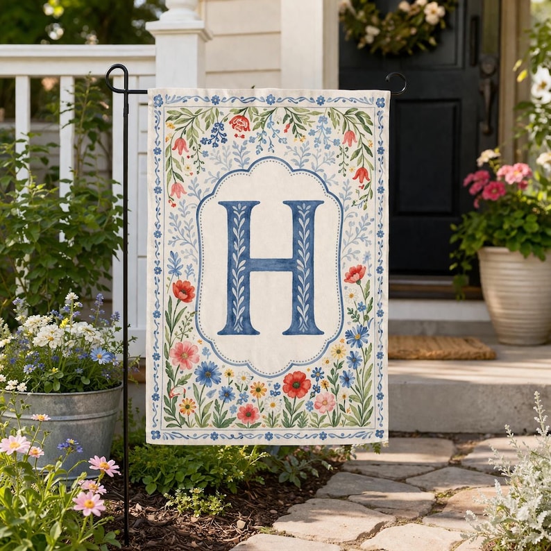 Personalized Crest Floral Preppy Coquette Initial Garden Flag, Watercolor Chinoiserie Flag