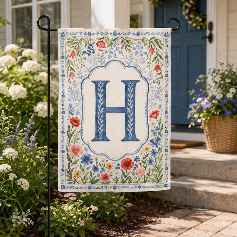 Personalized Crest Floral Preppy Coquette Initial Garden Flag, Watercolor Chinoiserie Flag