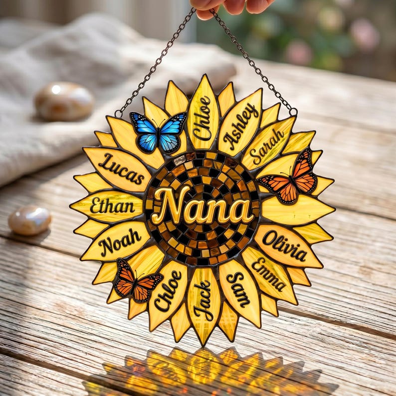 Personalized Sunflower Acrylic Suncatcher, Custom Family Names Faux Butterfly Decor
