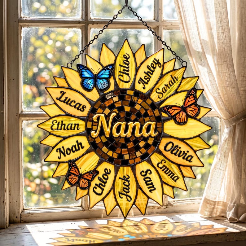 Personalized Sunflower Acrylic Suncatcher, Custom Family Names Faux Butterfly Decor