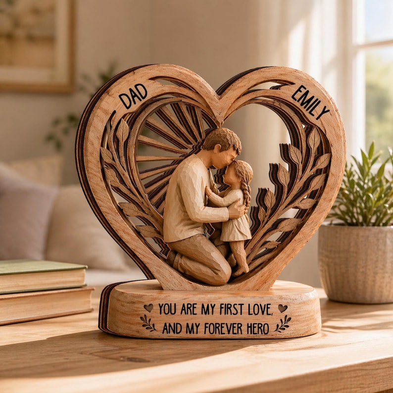 Personalized Dad And Child Wooden Heart Block, Dad And Daughter, Dad And Son Gift