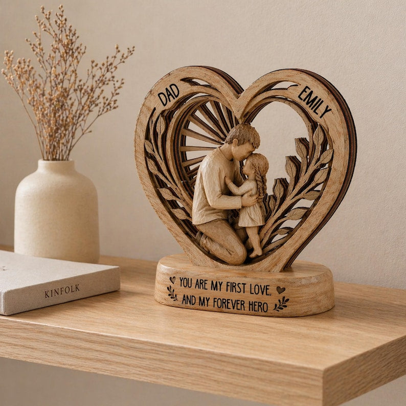 Personalized Dad And Child Wooden Heart Block, Dad And Daughter, Dad And Son Gift